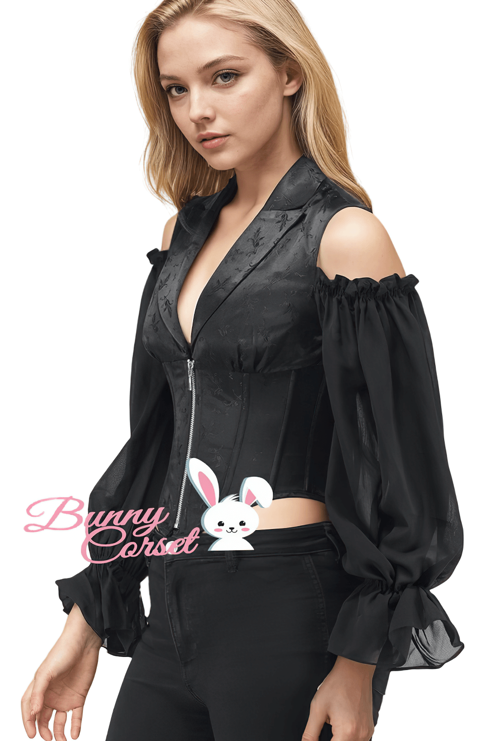 Elegant black open shoulder corset top with zipper, featuring billowy sleeves and gothic-inspired style.