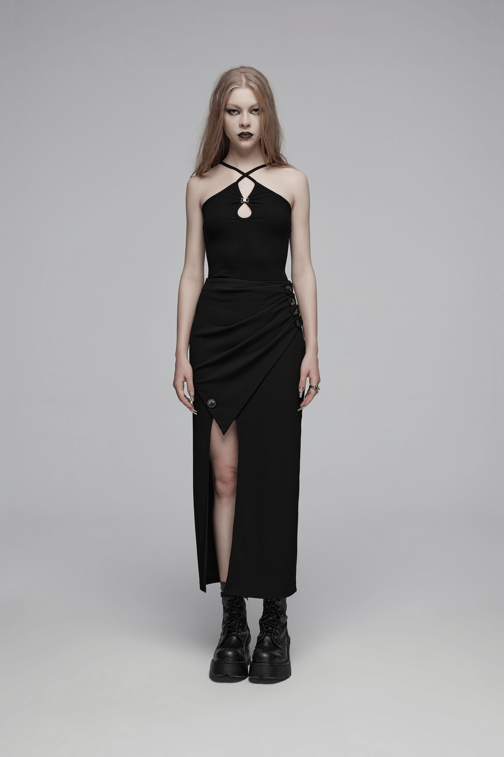Elegant Black Ribbed Knit Asymmetric Slit Midi Skirt