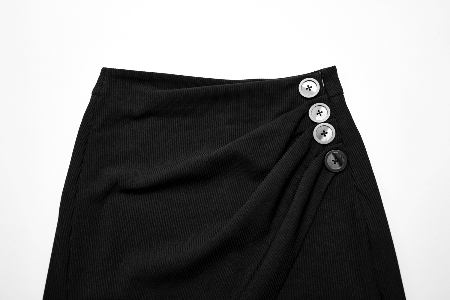 Elegant Black Ribbed Knit Asymmetric Slit Midi Skirt