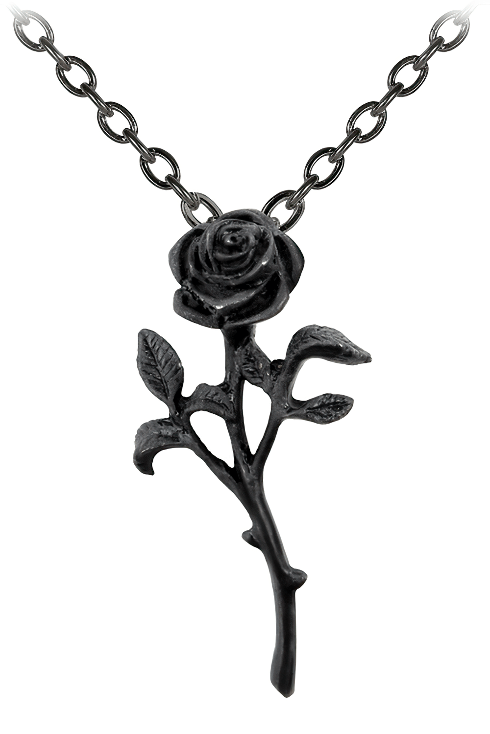 Elegant black rose gothic pendant necklace with antique finish on a dark chain.