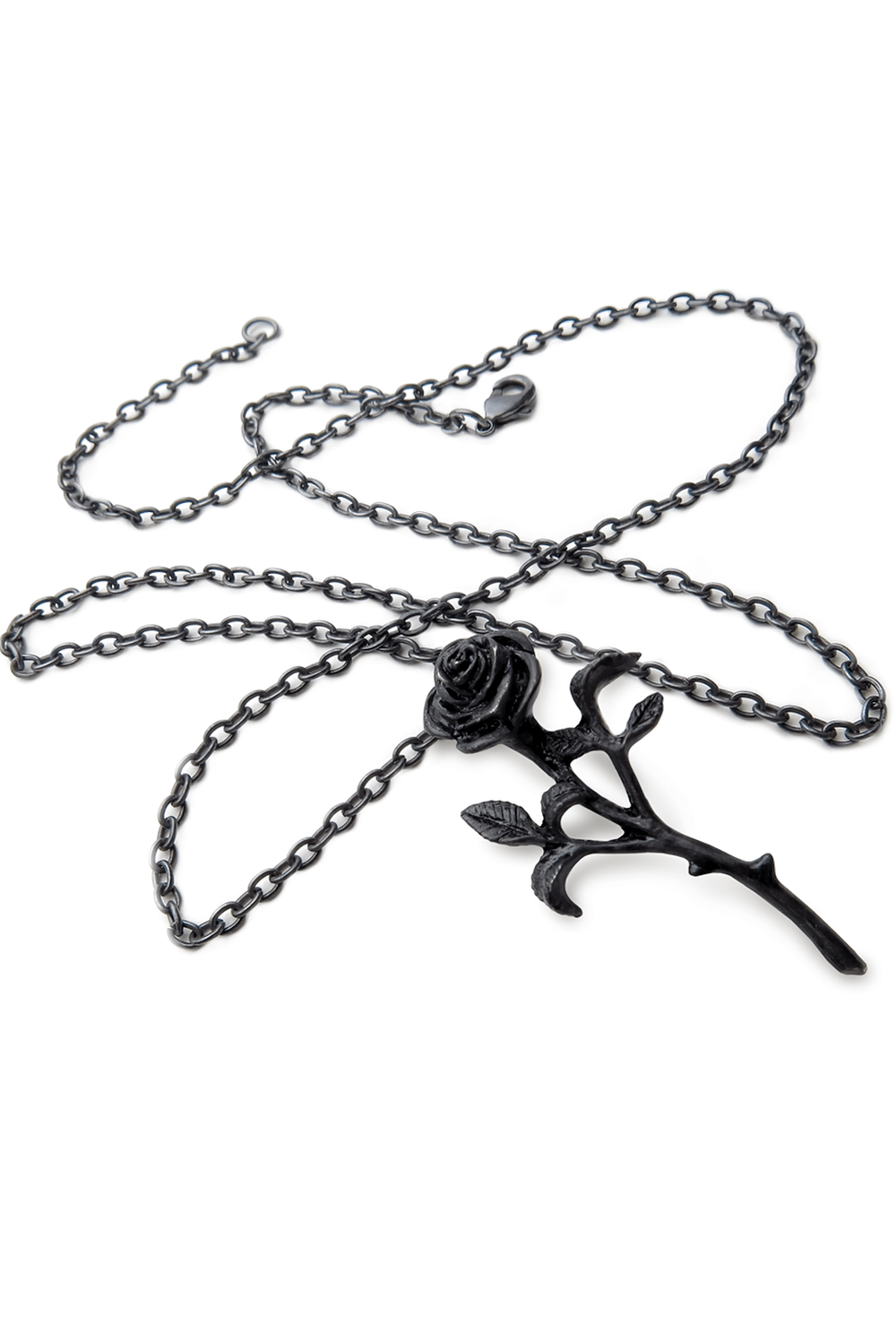 Elegant black rose gothic pendant necklace on a chain, embodying dark romance and mystery.