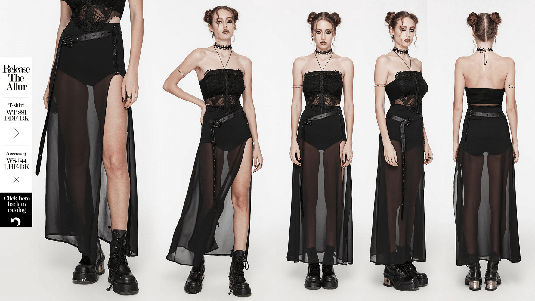 Elegant black sheer chiffon maxi skirt with a high slit, cinched waist, and stylish accessories, embodying goth fashion.