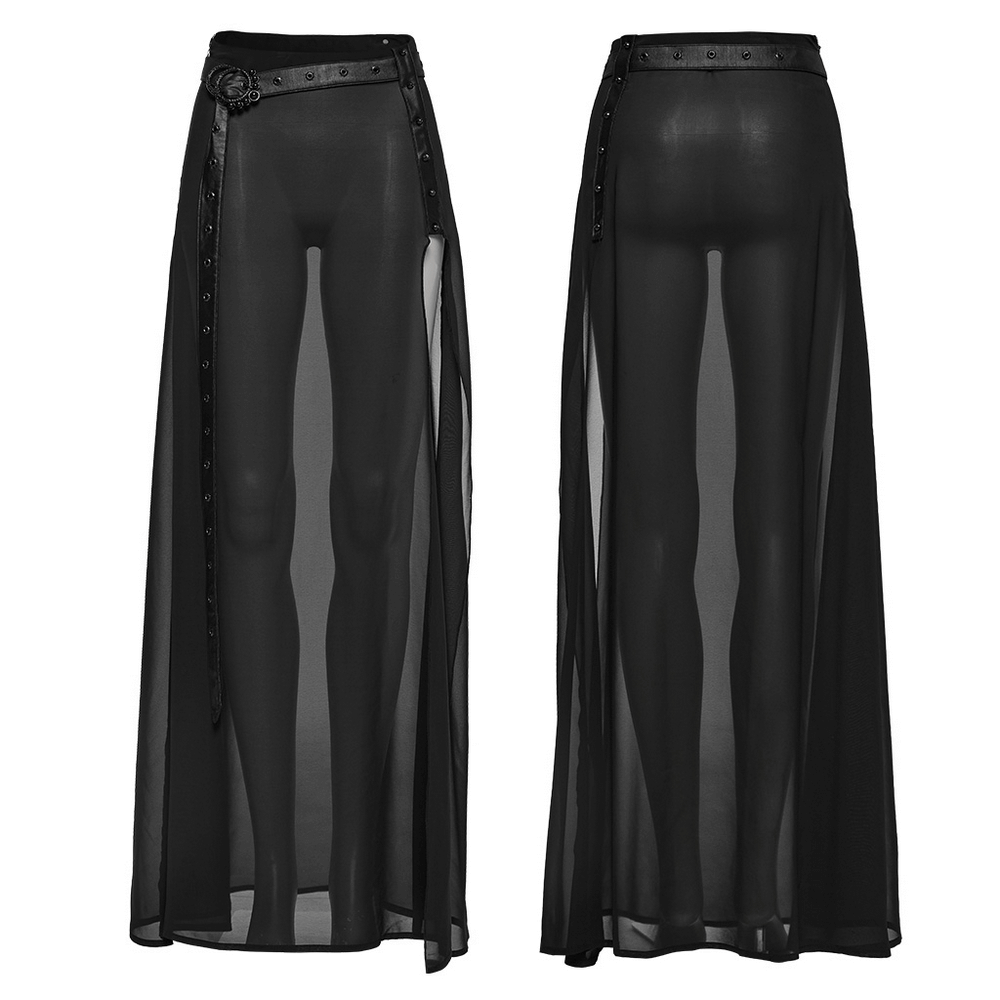 Elegant black sheer chiffon maxi skirt with belt, featuring a high slit A-line design for a dramatic gothic look.
