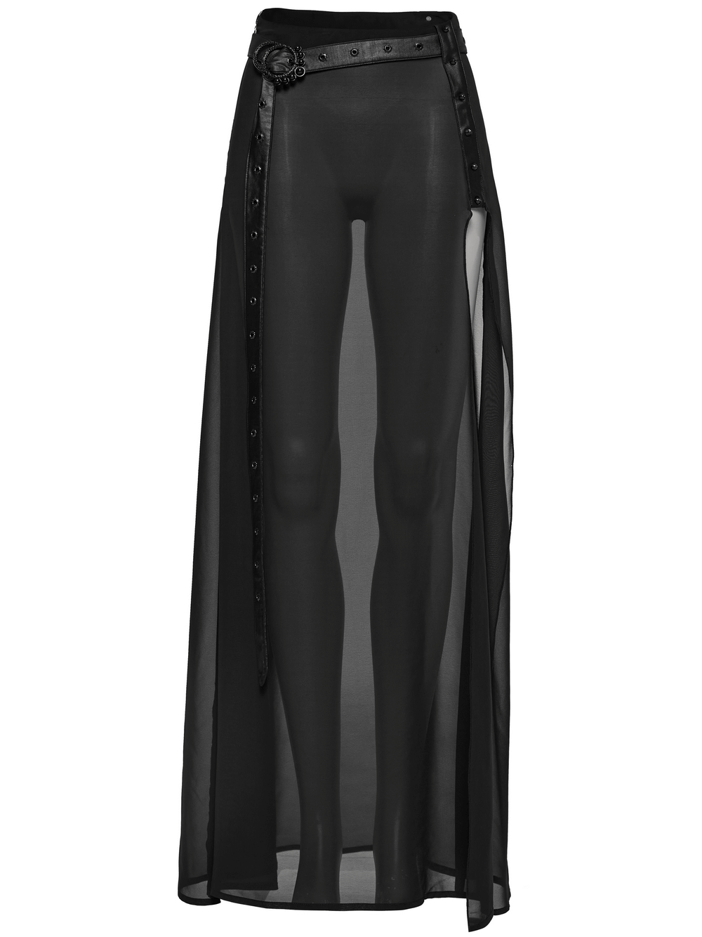 Elegant black sheer chiffon maxi skirt with belt, featuring a dramatic A-line silhouette and high slit design.