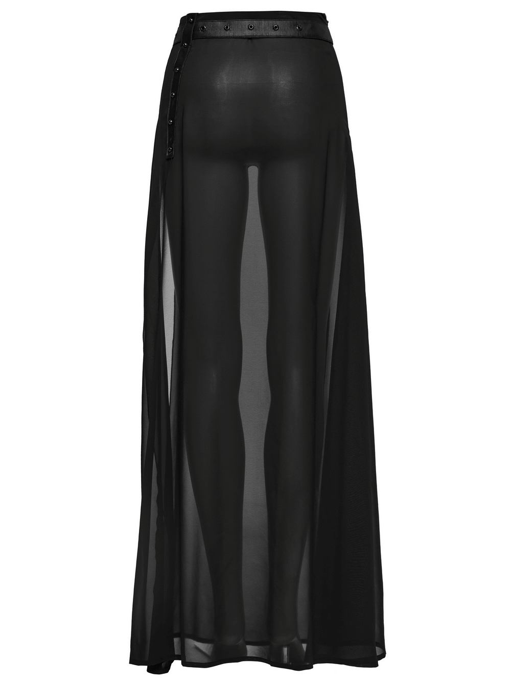 Elegant black sheer chiffon maxi skirt with belt, featuring a dramatic A-line silhouette and high slit design.