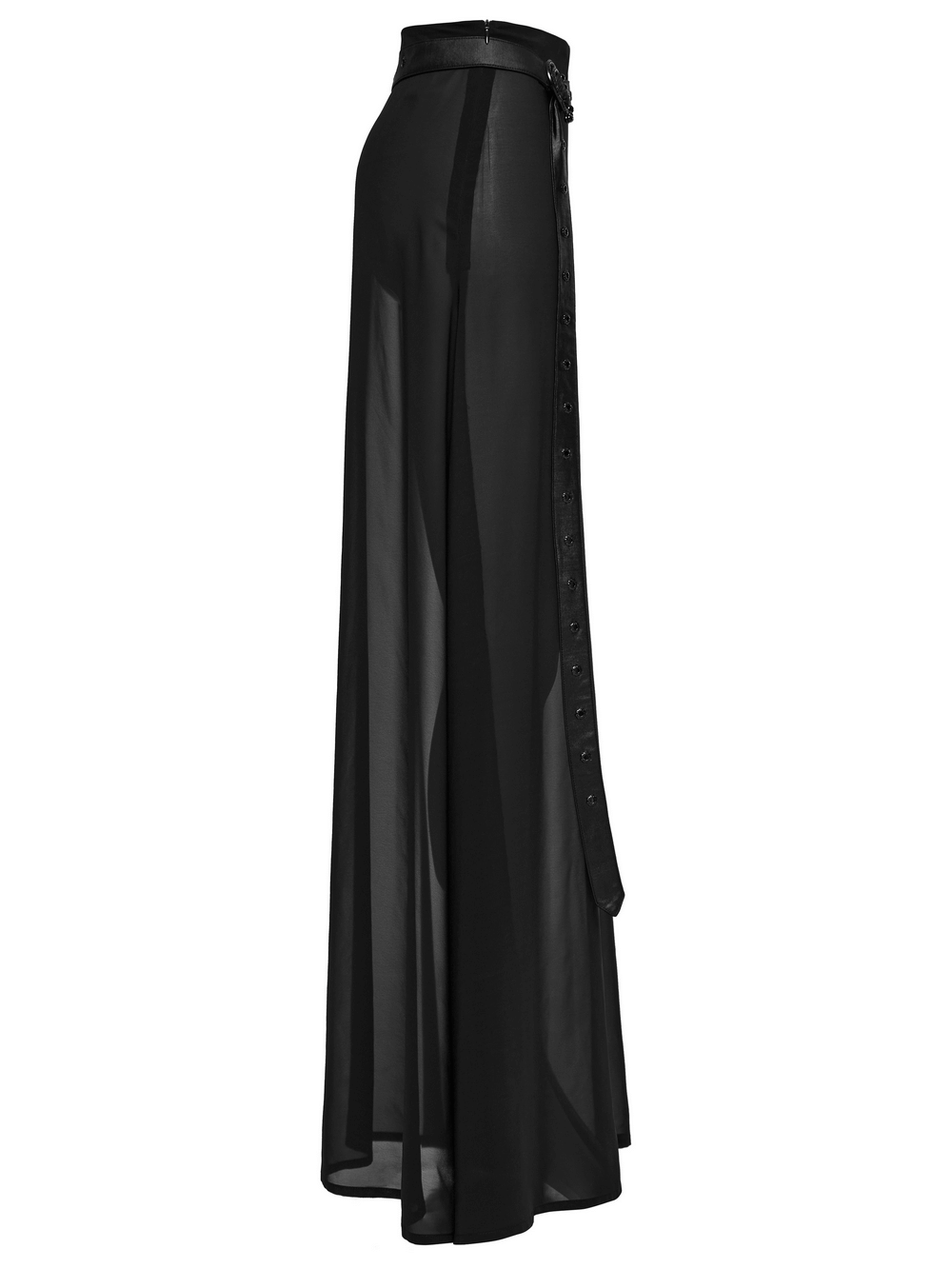 Elegant black sheer chiffon maxi skirt with belt, featuring dramatic high slit A-line silhouette.