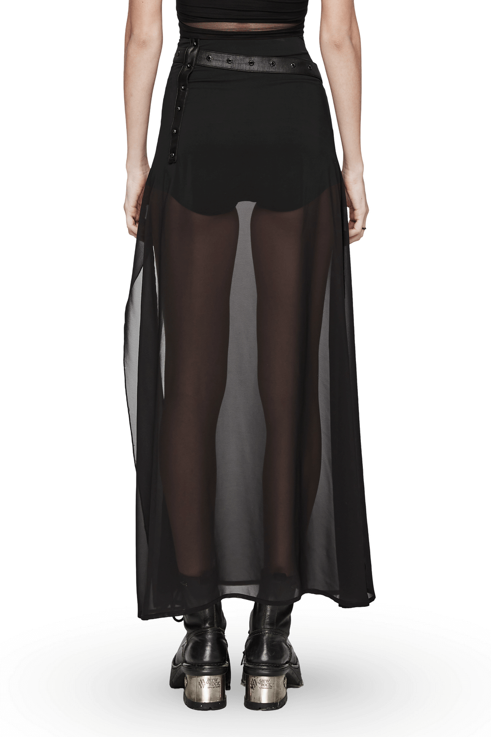Elegant black sheer chiffon maxi skirt with belt showcasing dramatic A-line silhouette from the back.