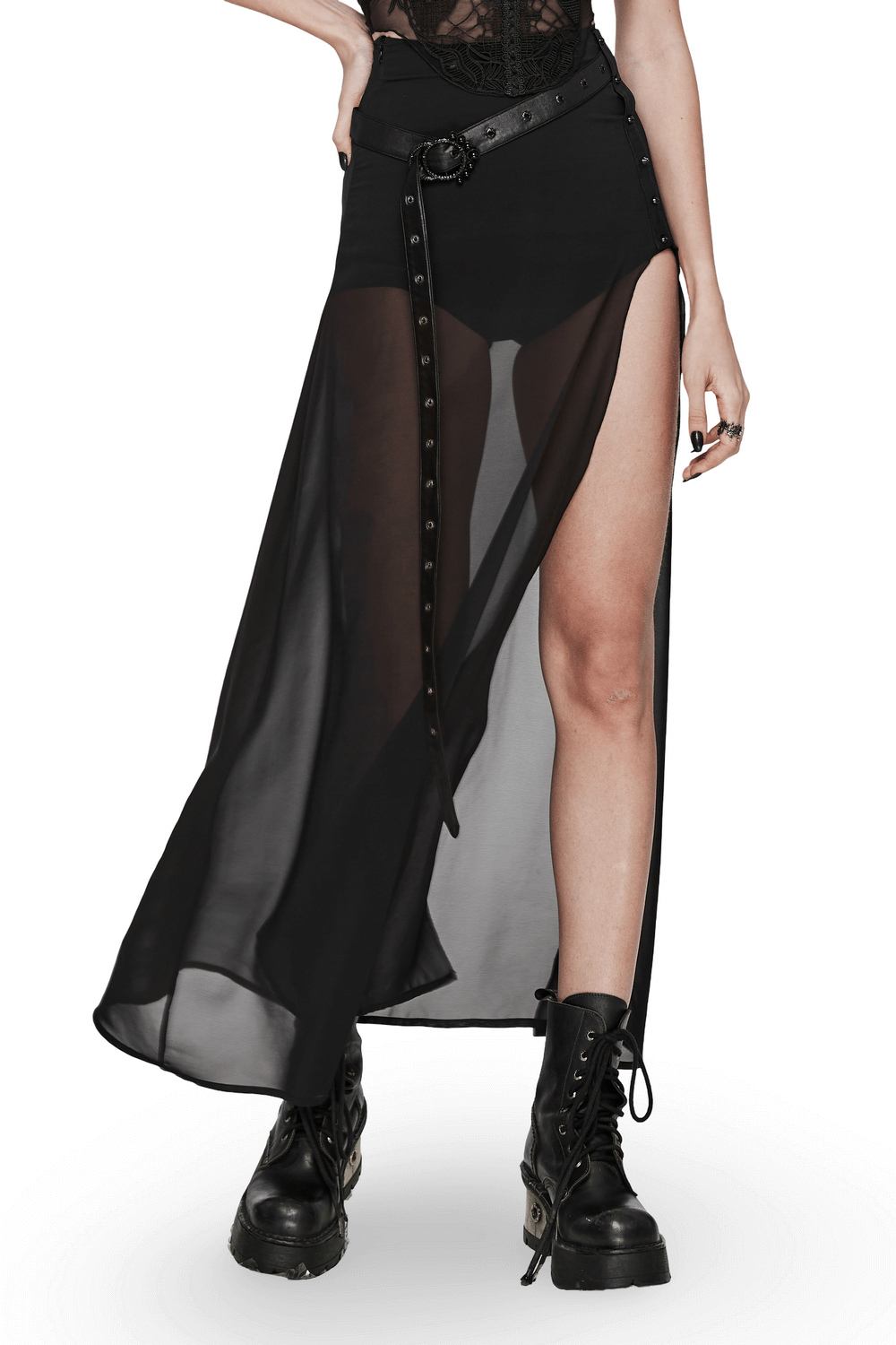 Elegant Black Sheer Chiffon Maxi Skirt with Belt