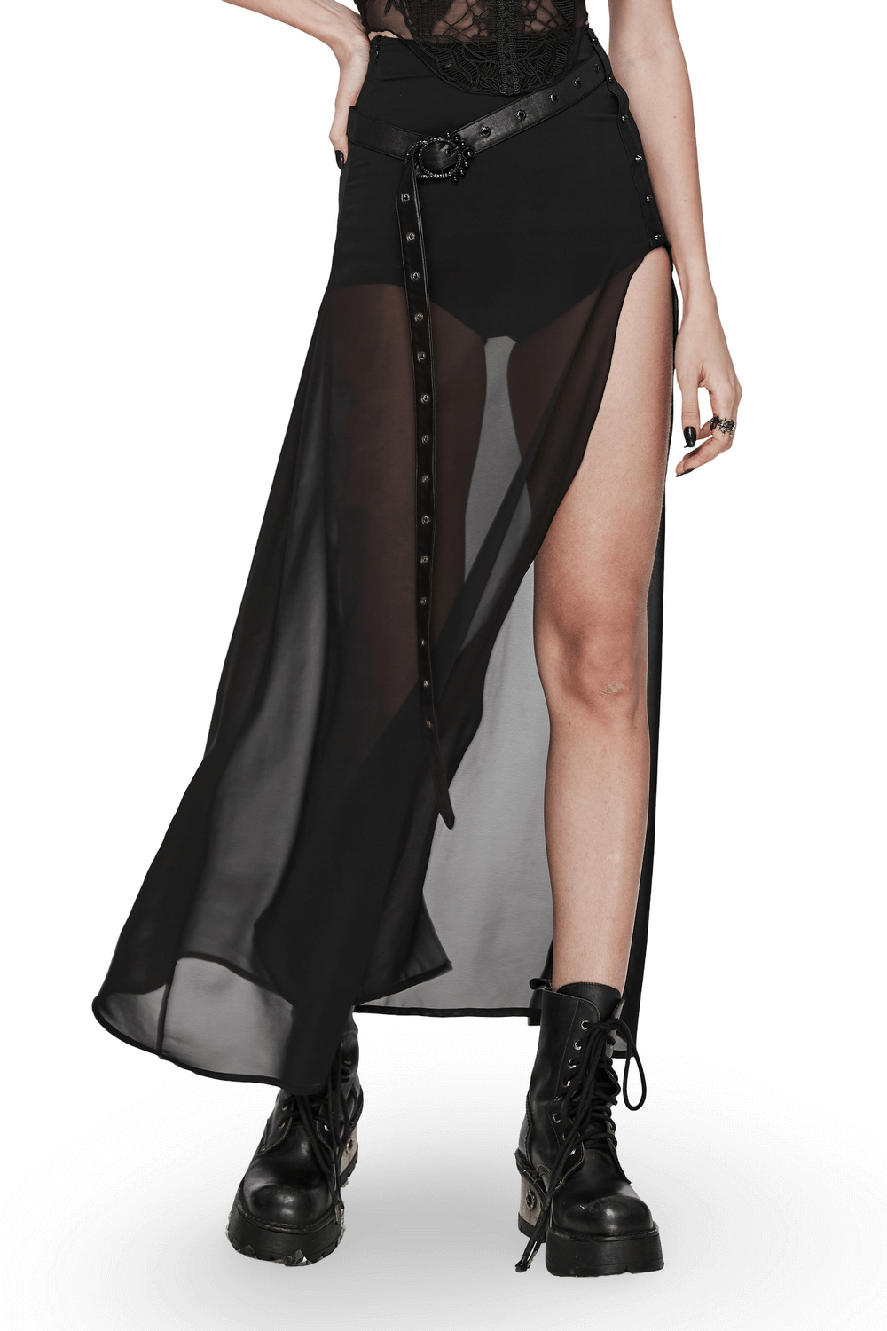 Elegant black sheer chiffon maxi skirt with dramatic high slit and belt for goth style fashion.