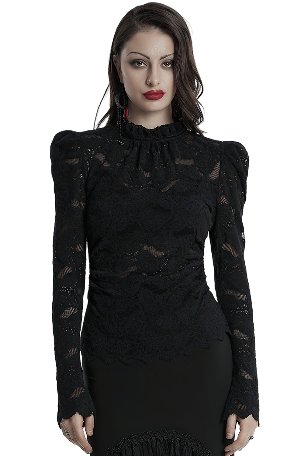 Elegant black sheer lace blouse with ruffled collar and puff sleeves, showcasing gothic fashion style.