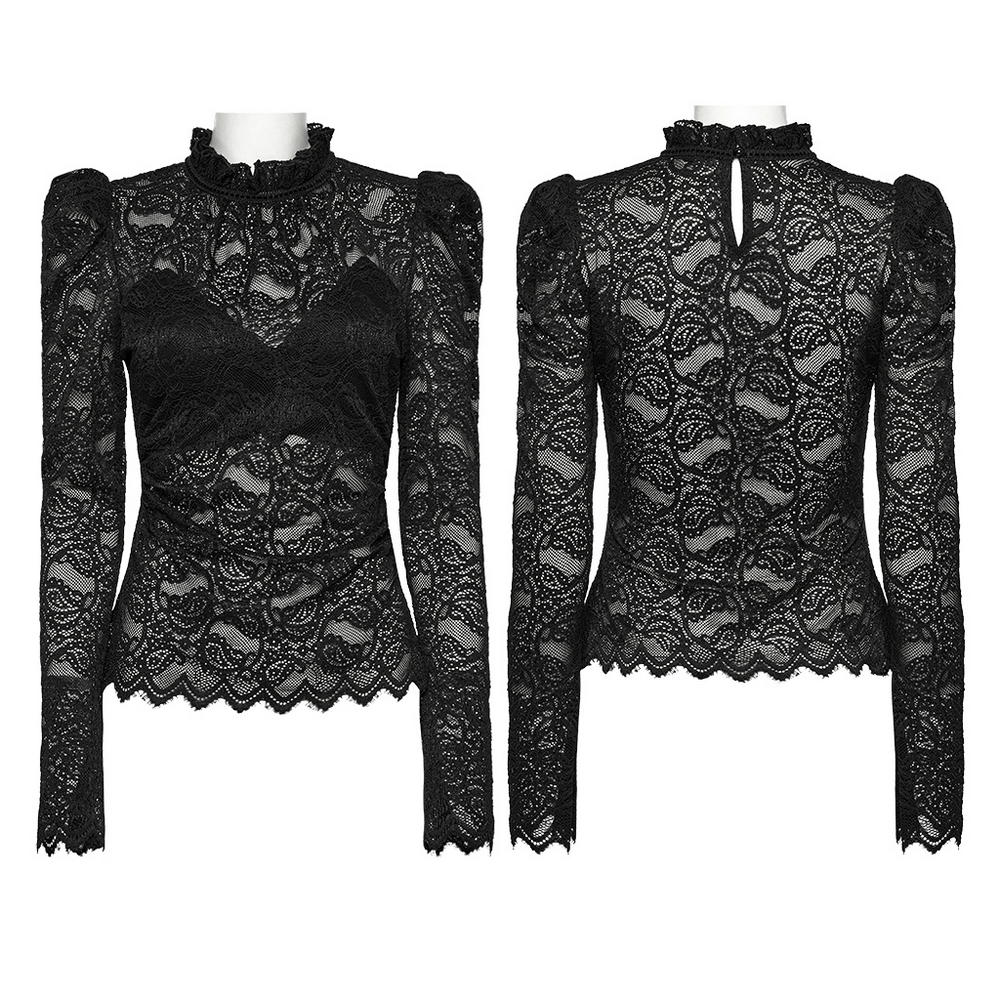 Elegant black sheer lace blouse with ruffled collar and puff sleeves, featuring pleated waist and keyhole detail.