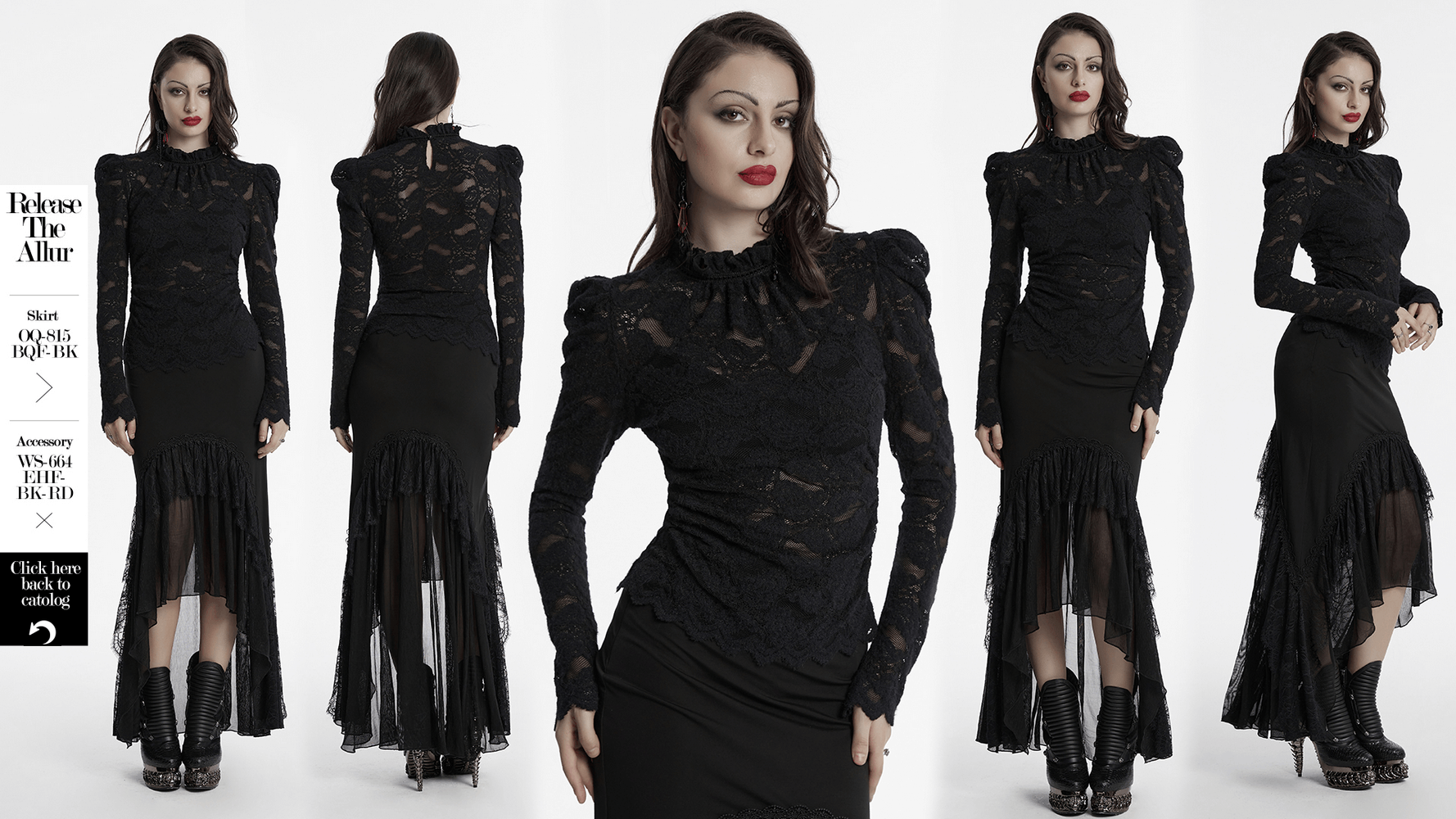 Elegant black sheer lace blouse with ruffled collar and puff sleeves, perfect for gothic fashion lovers.