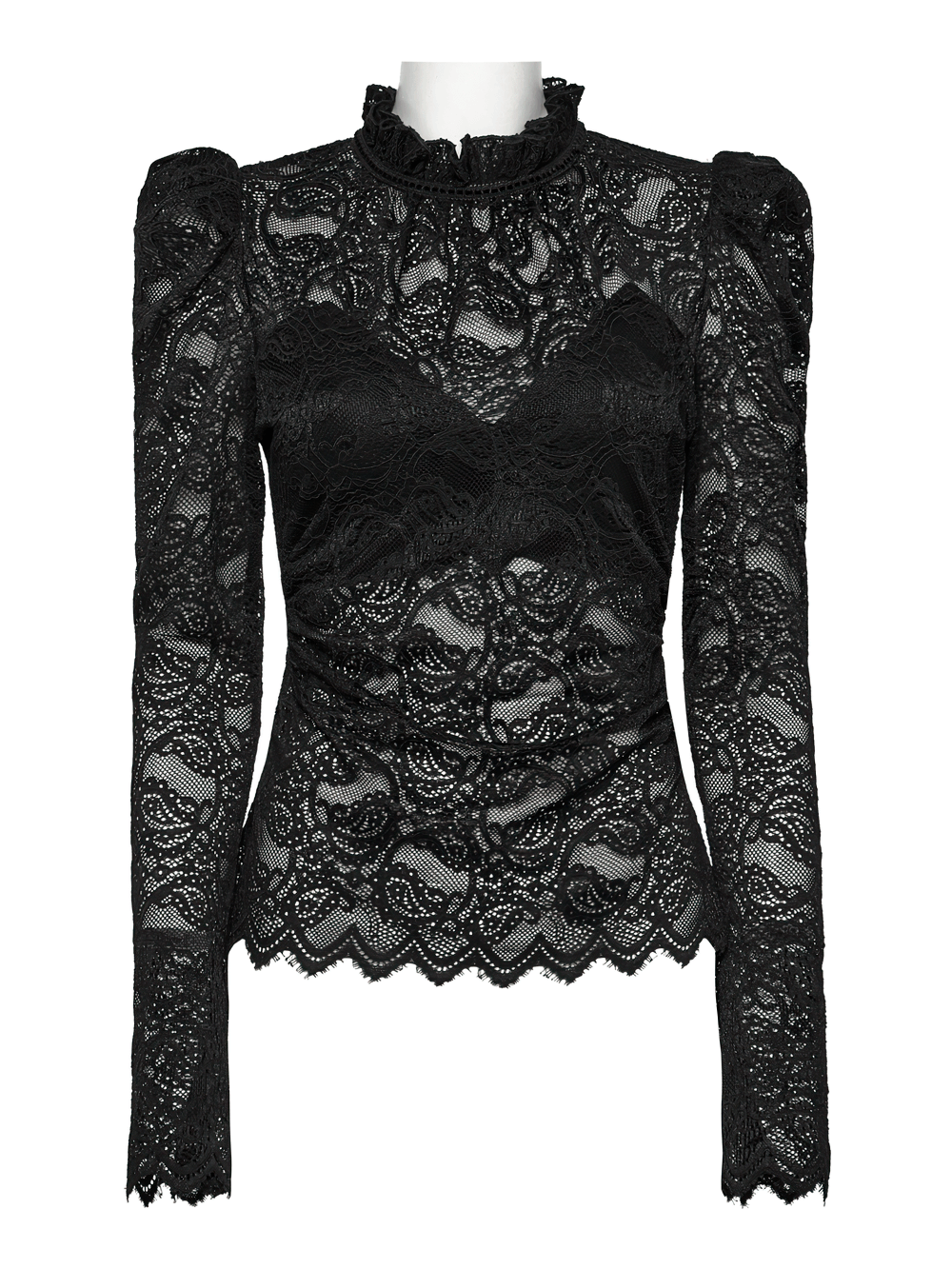 Elegant black sheer lace blouse with ruffled collar and puff sleeves, featuring a pleated waist and wavy trim.