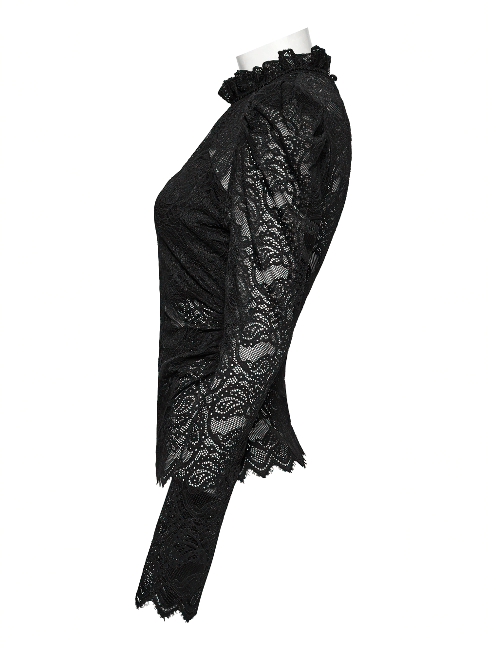 Elegant black sheer lace blouse with ruffled collar and dramatic puff sleeves, showcasing delicate floral patterns.