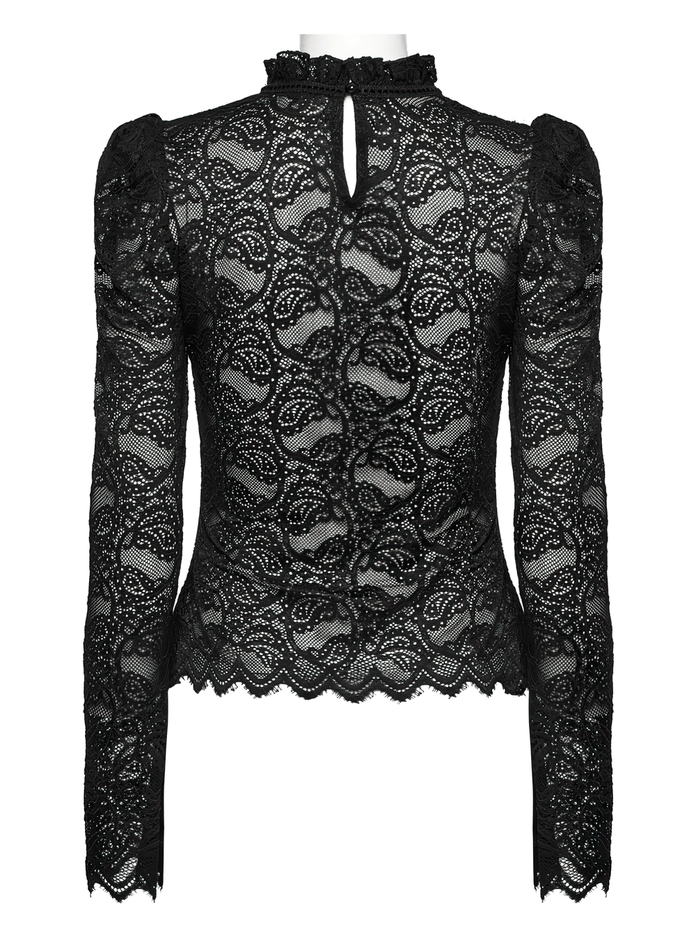 Elegant black sheer lace blouse with ruffled collar and keyhole back, perfect for gothic fashion.