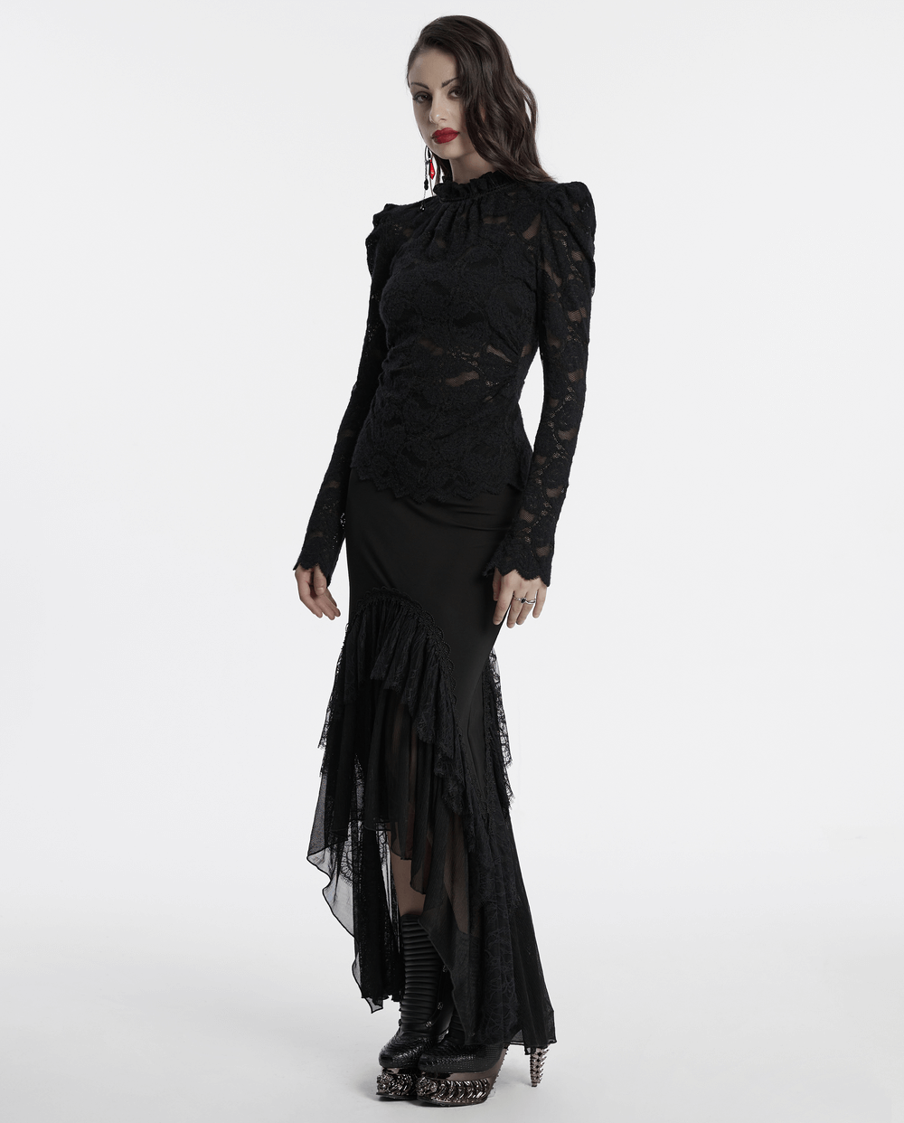 Elegant black sheer lace blouse with ruffled collar and dramatic puff sleeves, perfect for gothic-style fashion.