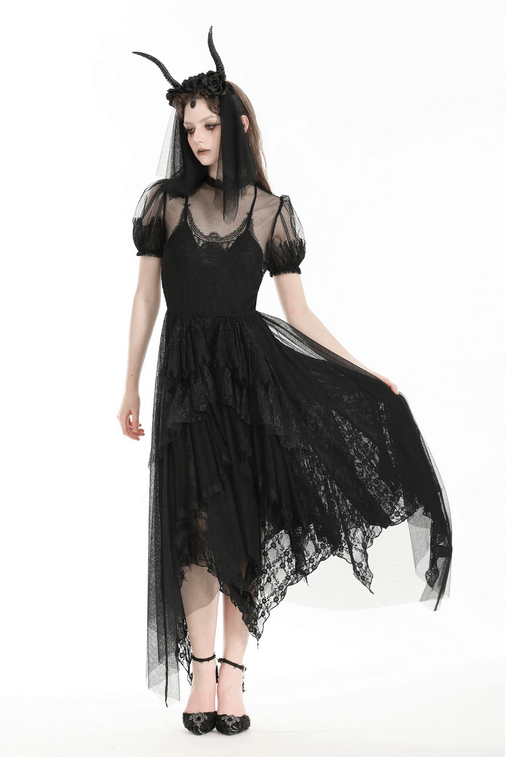 Elegant Black Sheer Panel Lace Dress with Short Sleeves