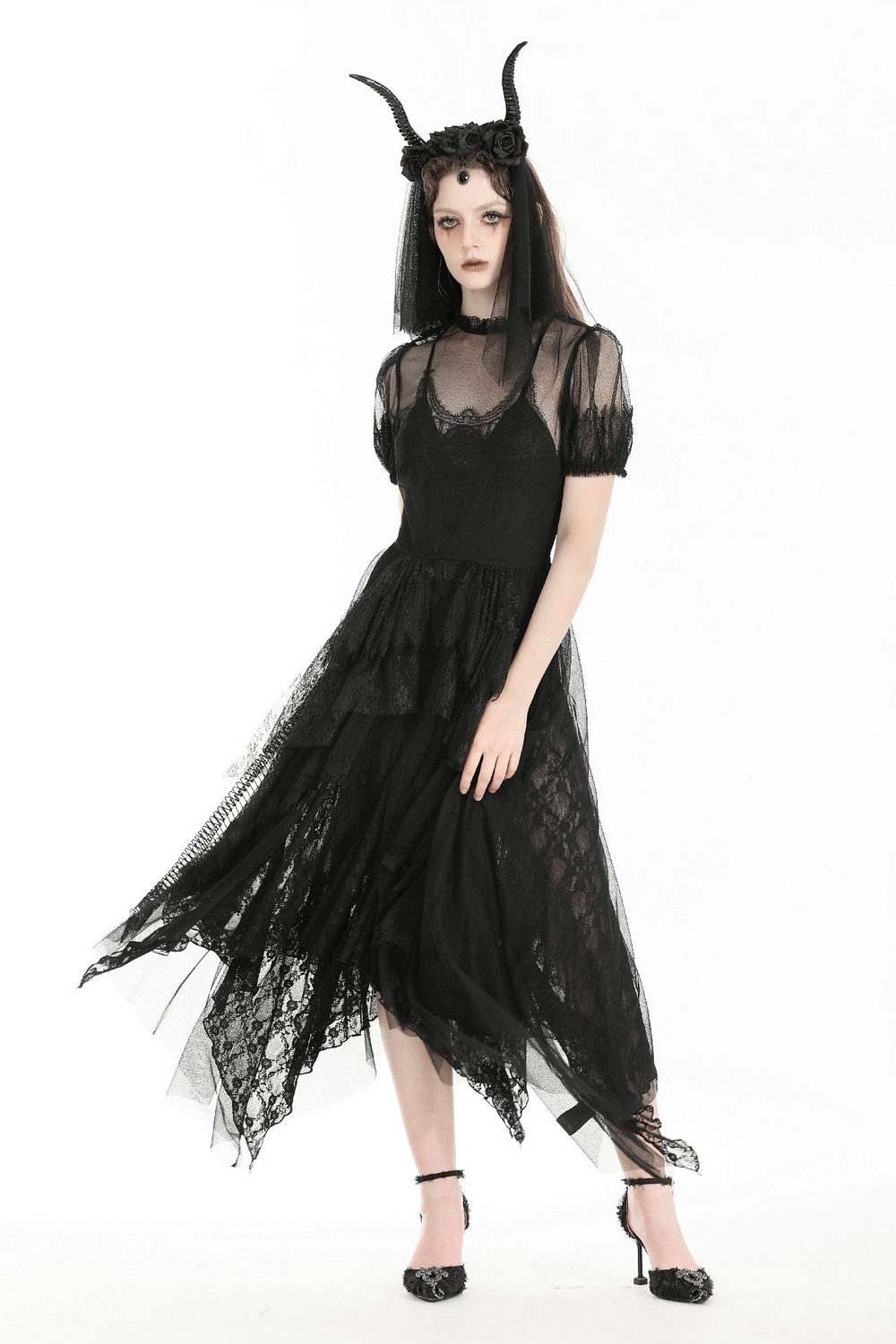 Elegant Black Sheer Panel Lace Dress with Short Sleeves