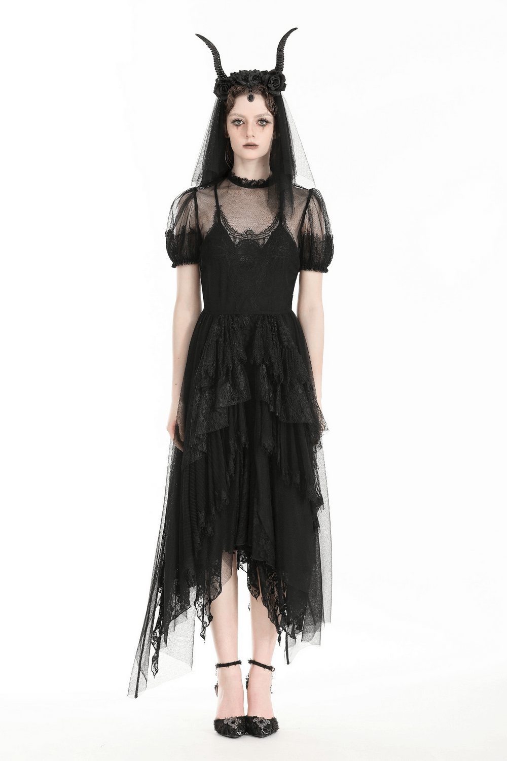 Elegant Black Sheer Panel Lace Dress with Short Sleeves