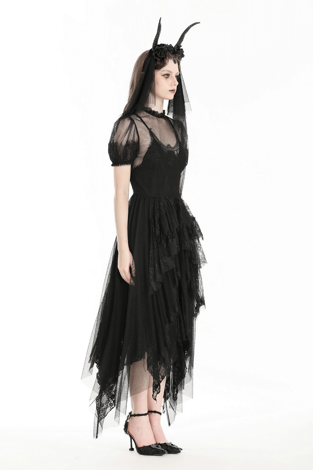 Elegant Black Sheer Panel Lace Dress with Short Sleeves