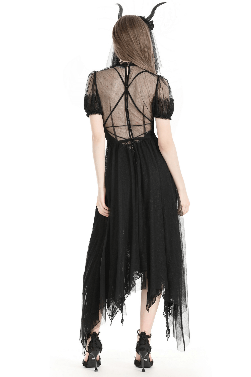 Elegant Black Sheer Panel Lace Dress with Short Sleeves