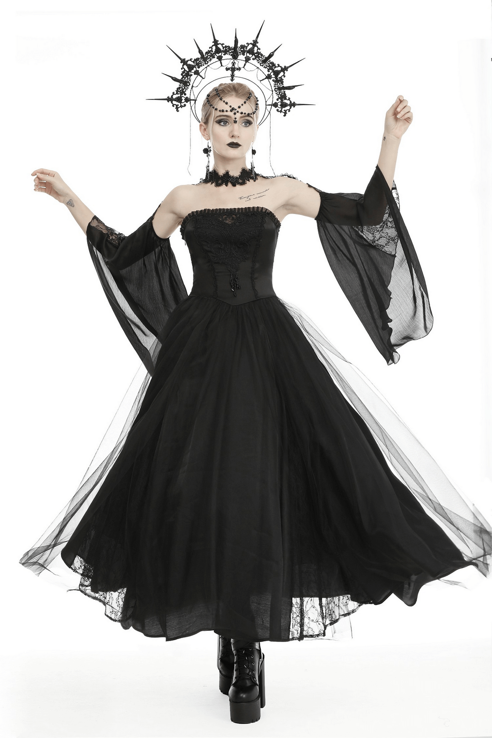 Elegant Black Strapless Tulle Maxi Dress Gothic Prom