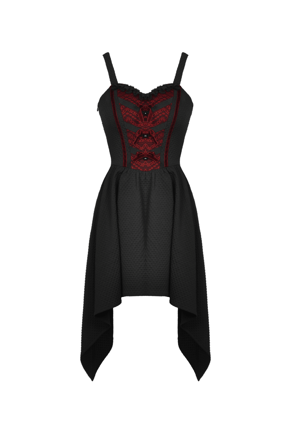 Elegant Black Straps Dress with Red Lace Detailing