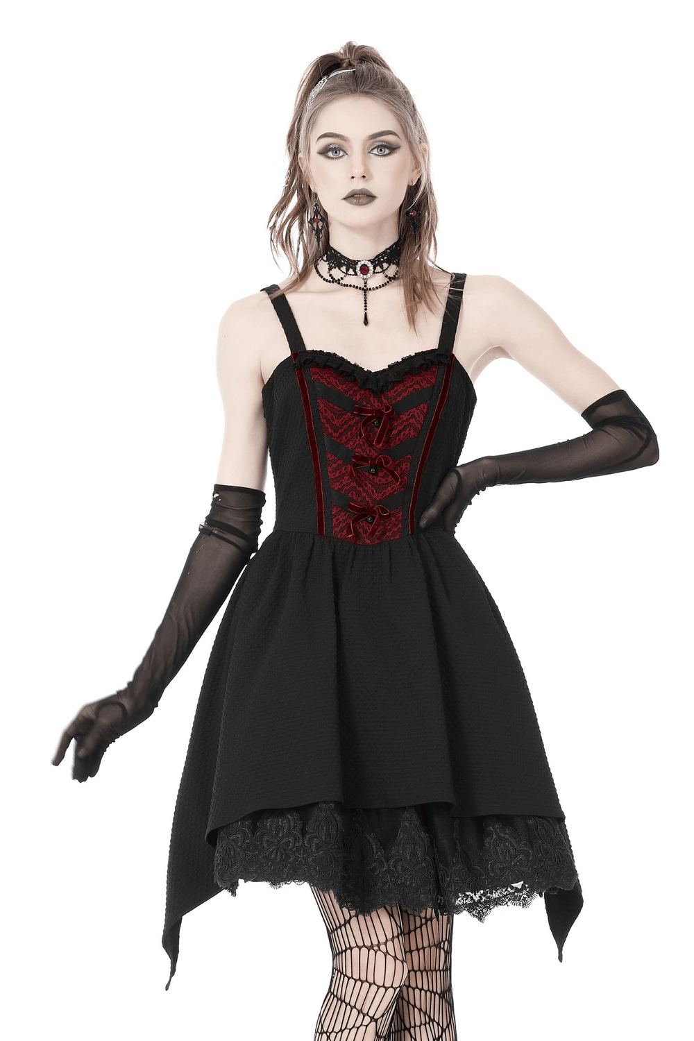 Elegant Black Straps Dress with Red Lace Detailing