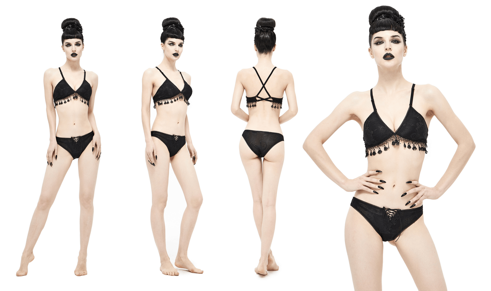 Elegant black swimsuit featuring fringe and lacing, showcasing a gothic style and modern cut, perfect for summer vibes.