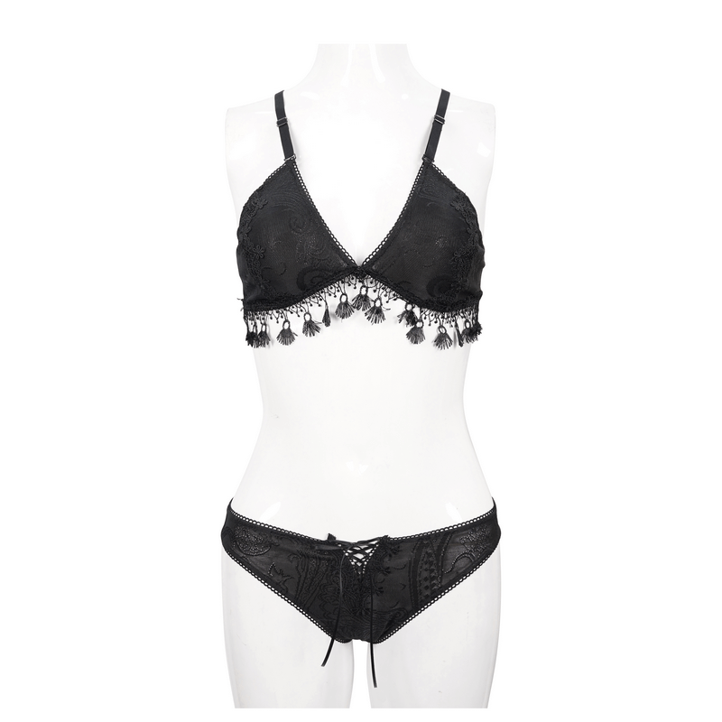 Elegant black women's swimsuit with fringed lace and gothic design, perfect for showcasing your figure.