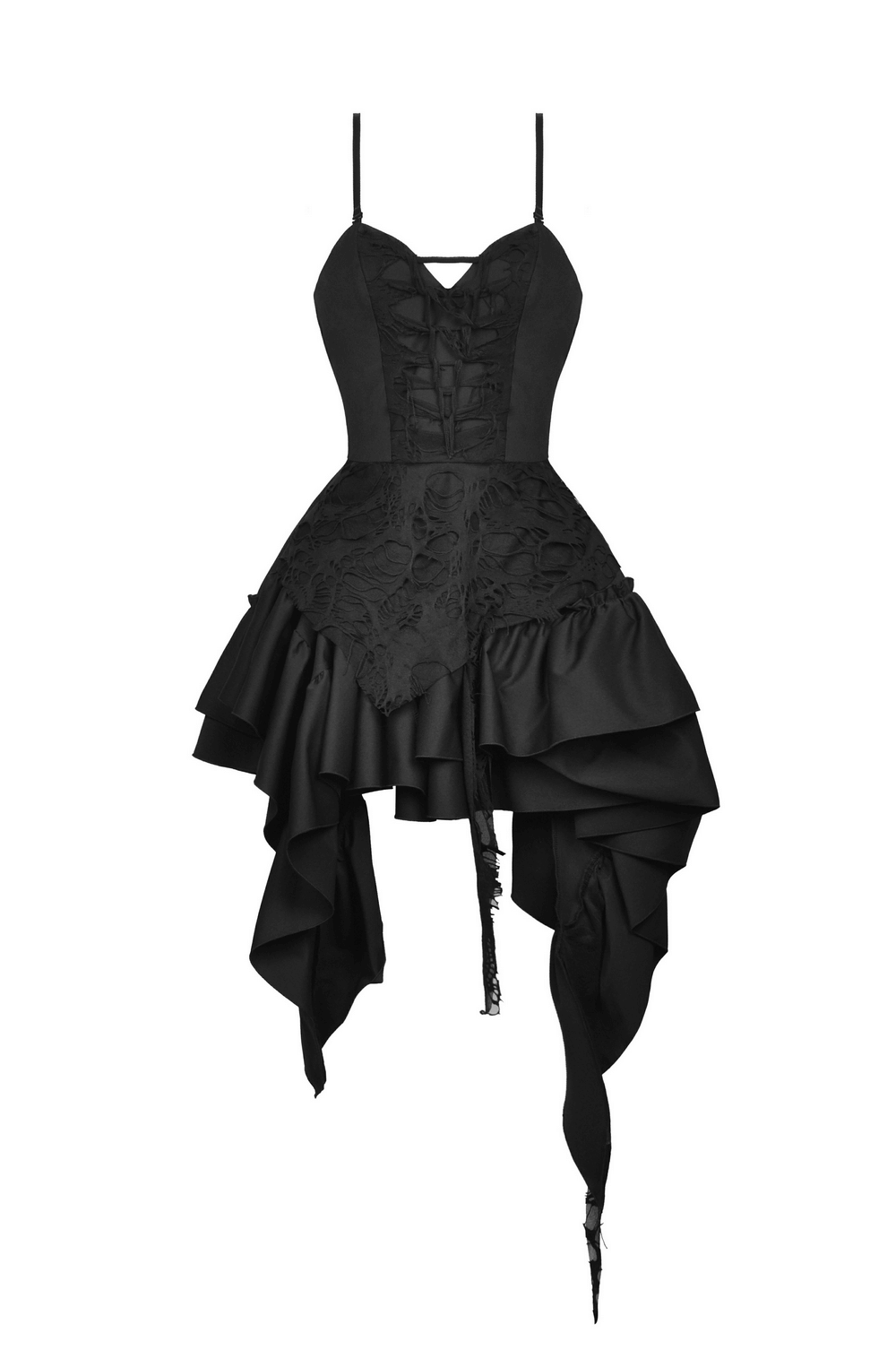 Elegant black torn dress with asymmetric ruffled hem and lace-up bodice, perfect for gothic-themed evening events.