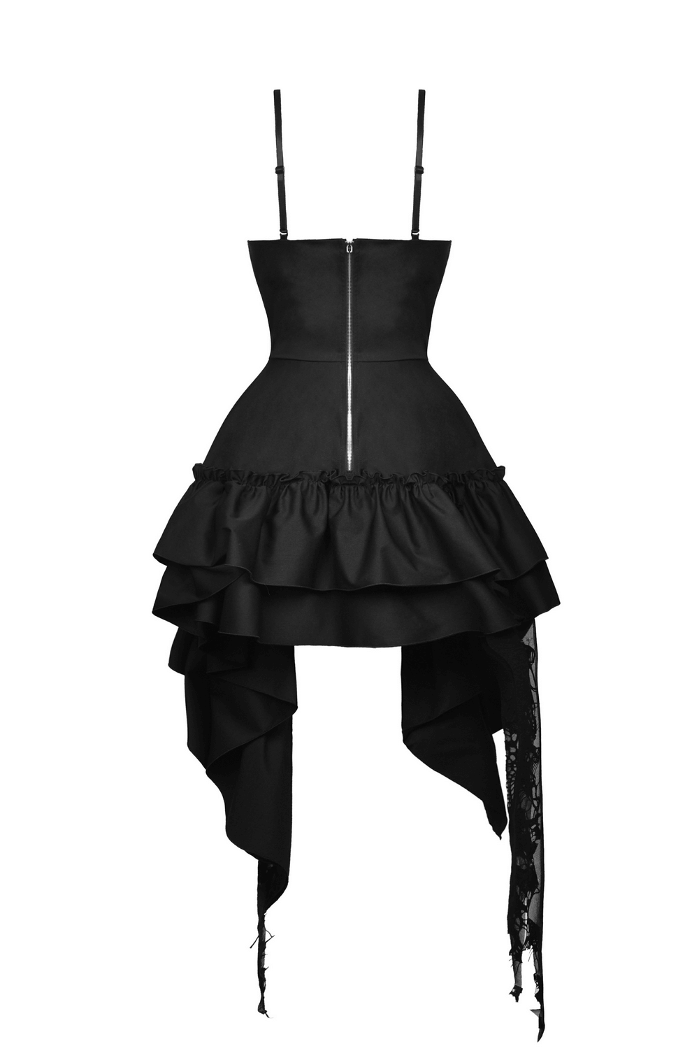 Elegant black torn dress with straps and asymmetric ruffled hem, perfect for gothic-themed events.