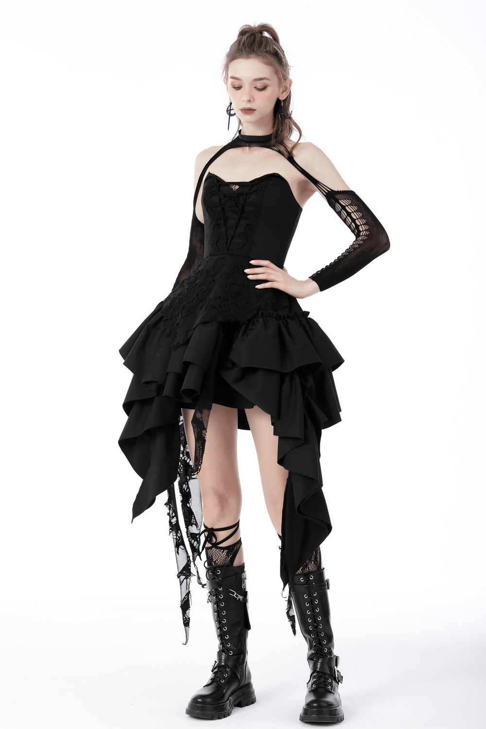 Chic black torn dress with asymmetrical ruffled hem and lace detailing, perfect for evening gothic style.