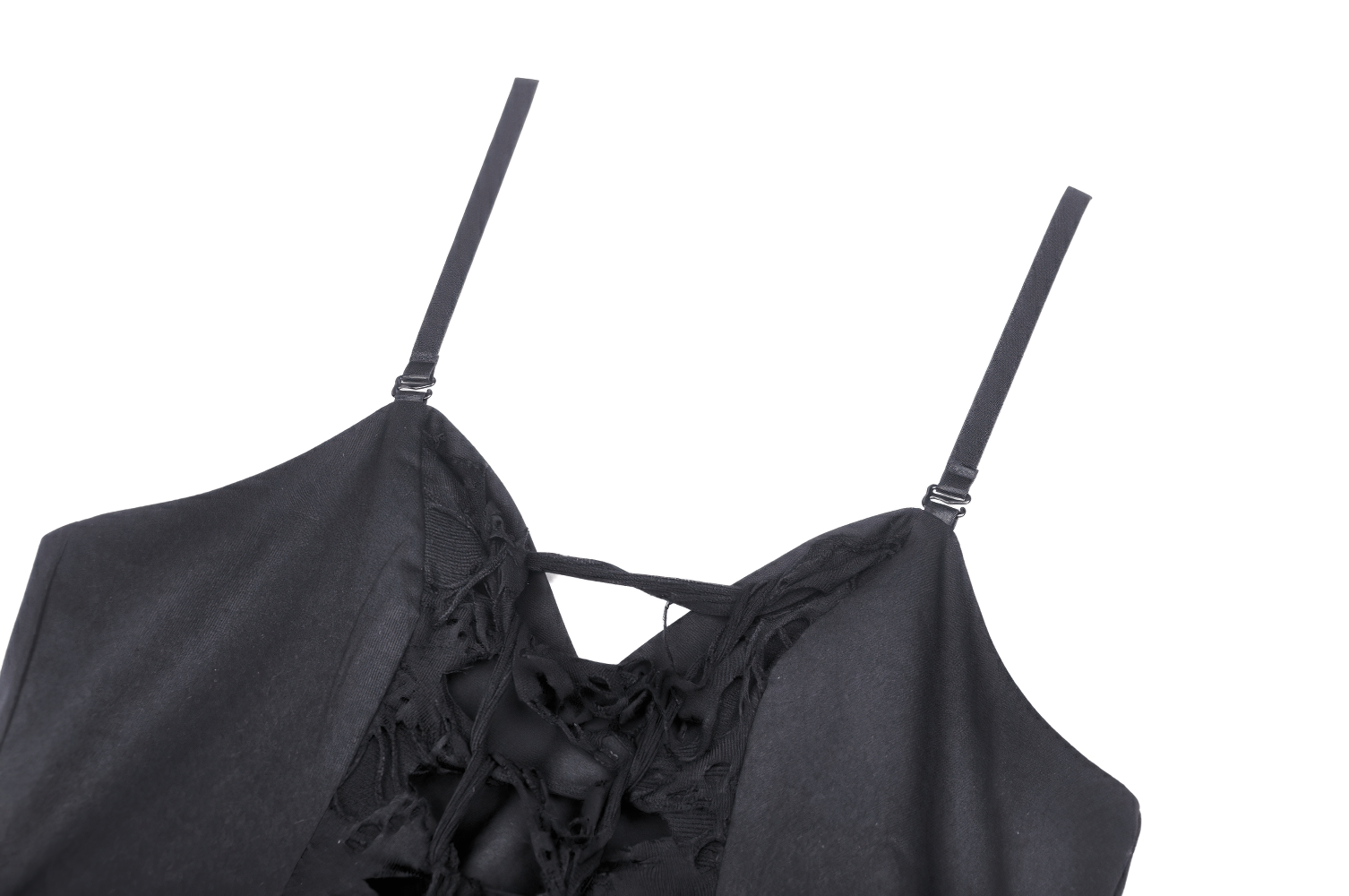 Close-up of elegant black torn dress with ruffled hem and lace-up bodice, perfect for gothic-themed events.