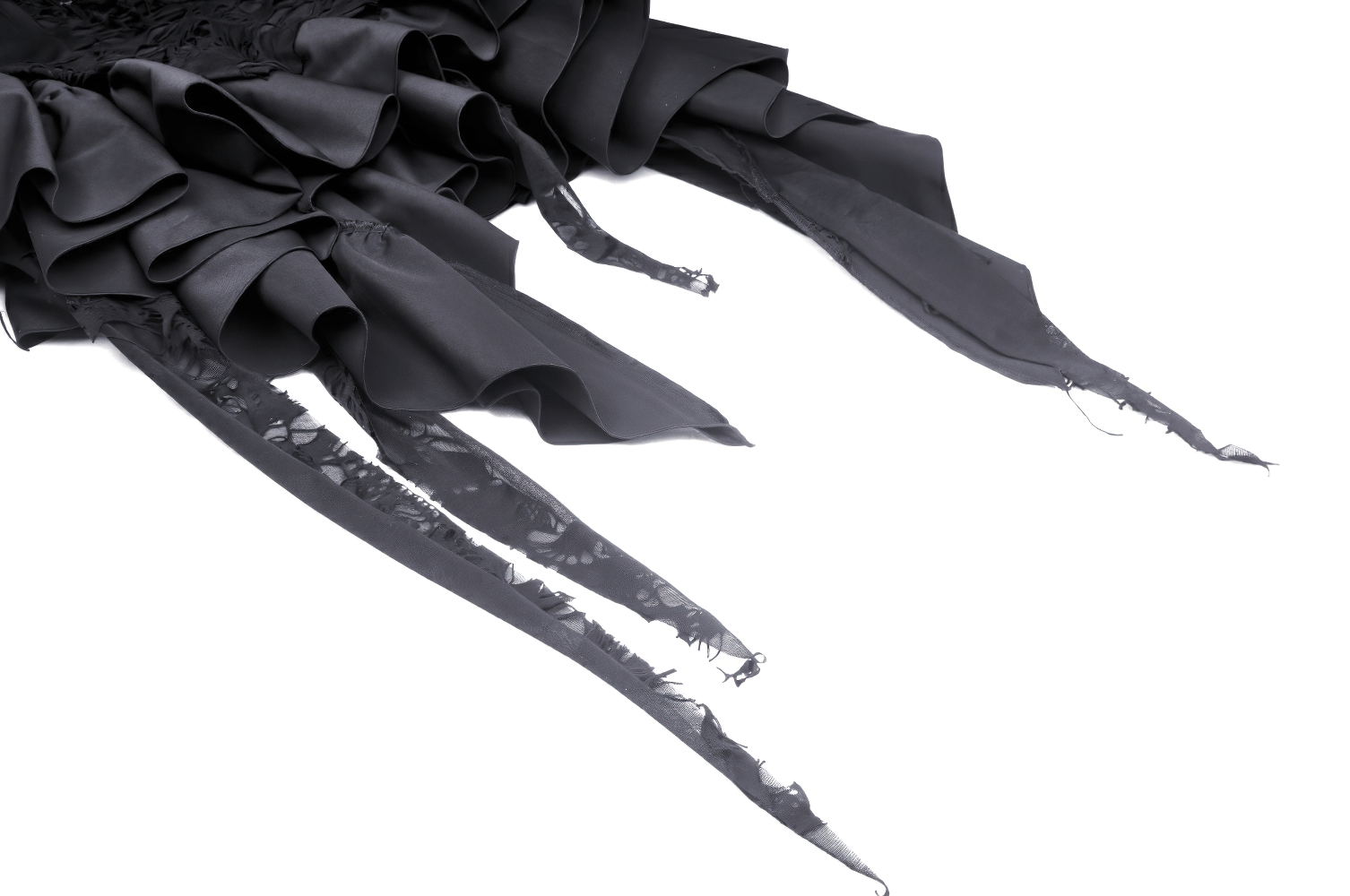 Elegant black torn dress showcasing luxurious ruffled hem and delicate lace details for gothic-inspired looks.