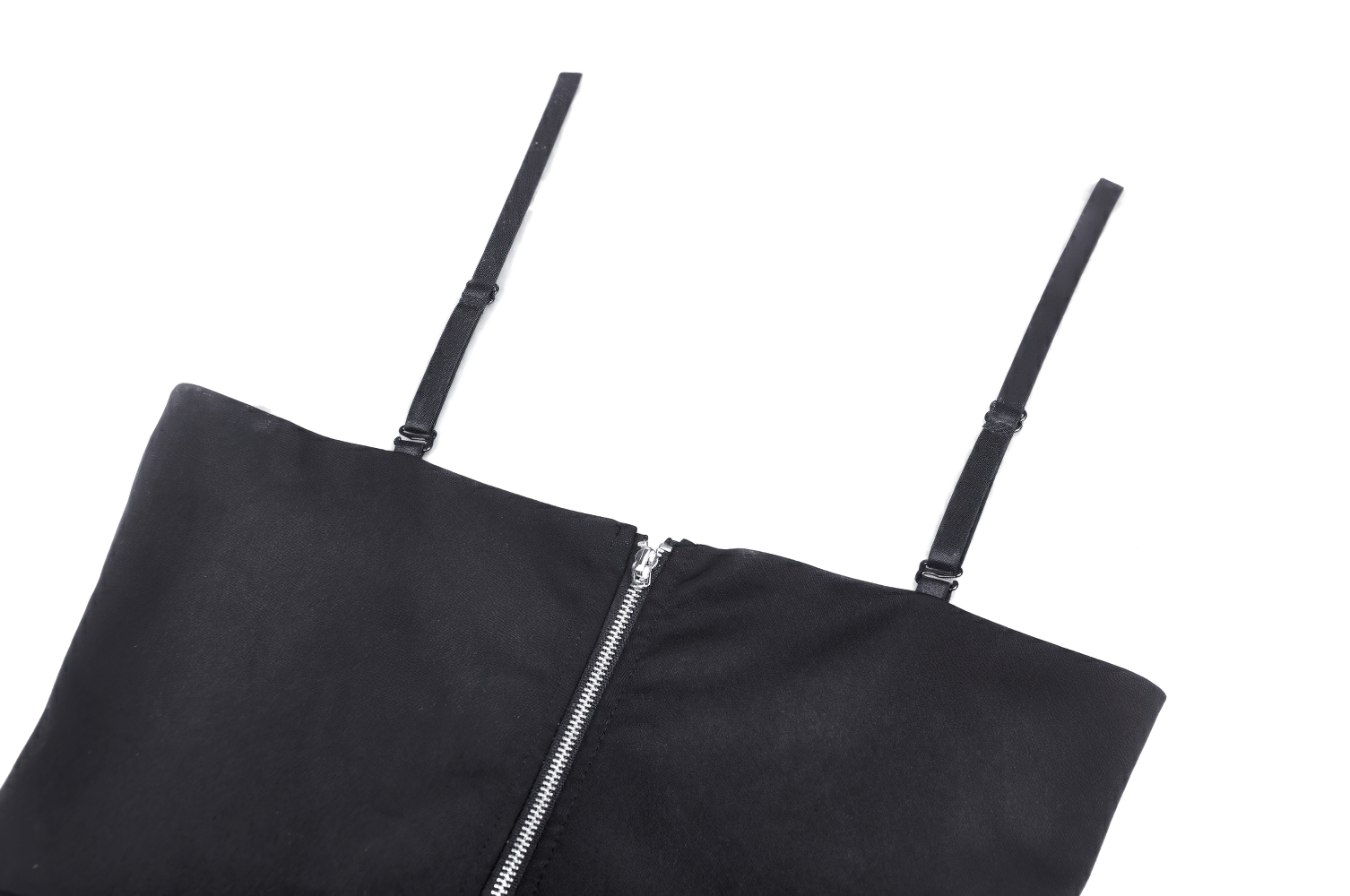Elegant black dress top with straps and zipper, showcasing chic gothic design elements.
