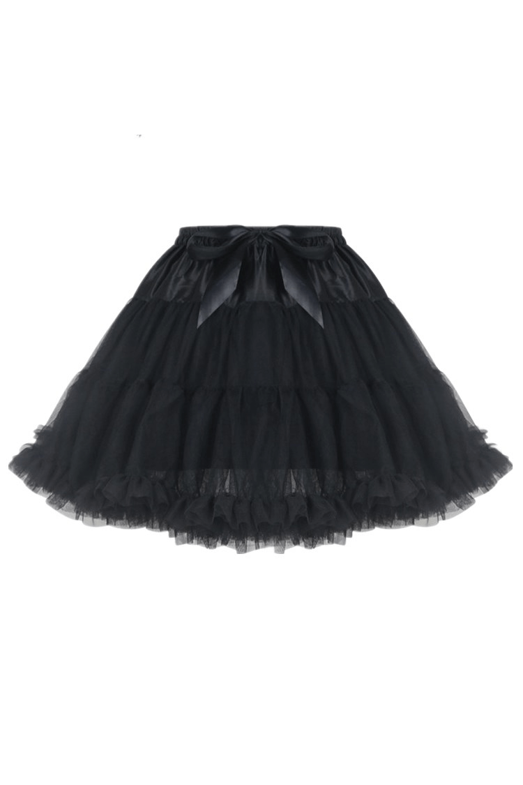 Chic black tulle skirt with satin waistband and bow, perfect for evening wear and special occasions.