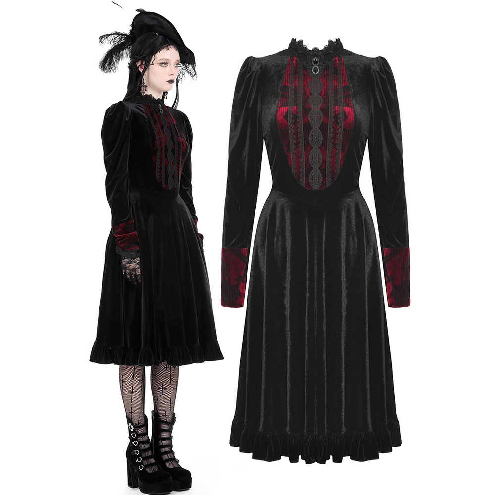 Elegant black velvet dress with red lace accents, featuring puff sleeves and a stand collar, perfect for gothic fashion.