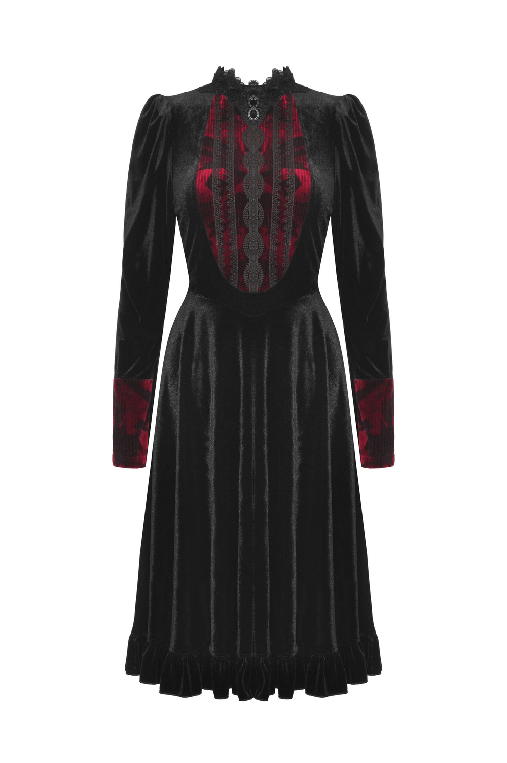 Elegant Black Velvet Dress with Red Lace Accents