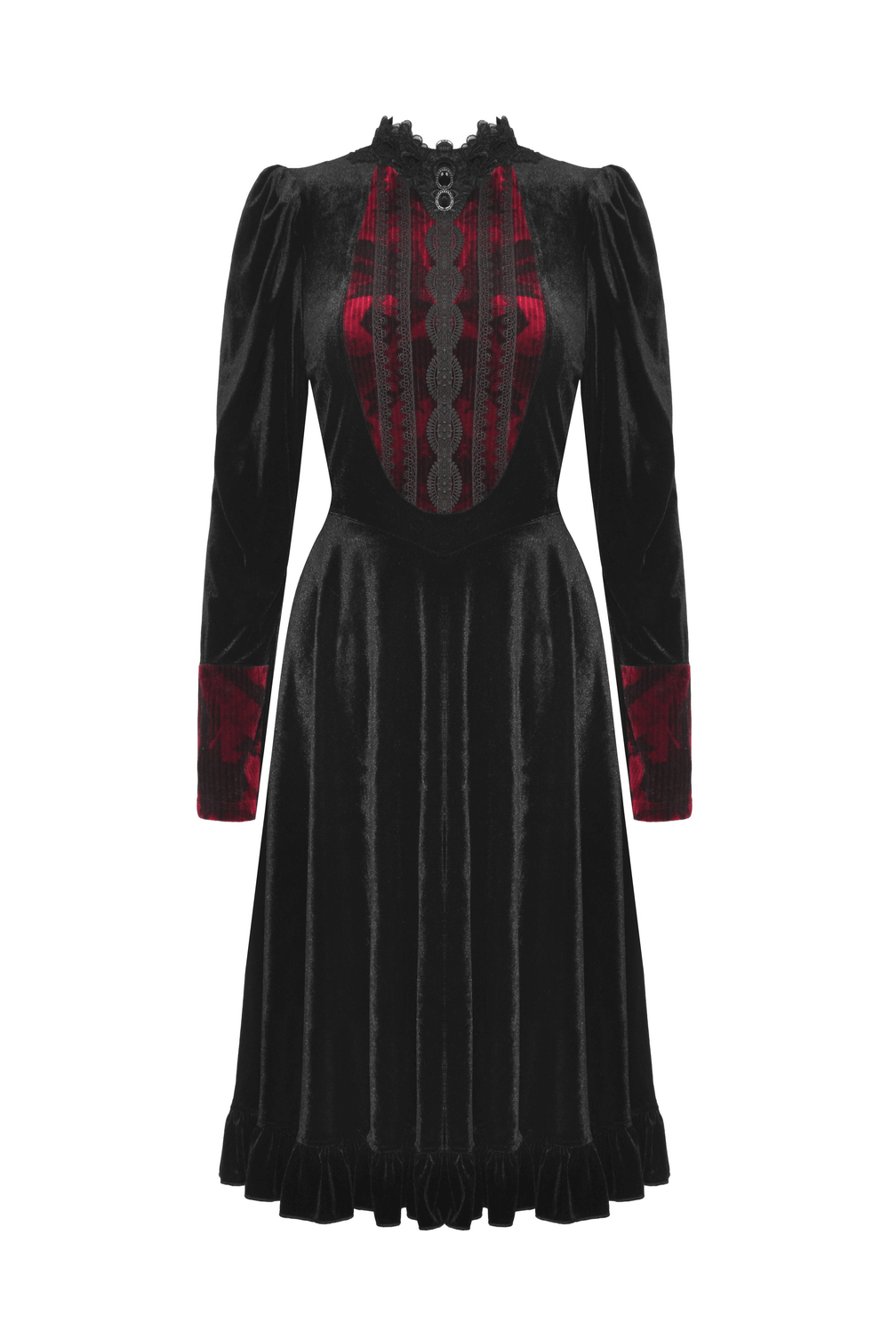 Elegant black velvet dress with red lace accents, puff sleeves, and stand collar for a gothic look.