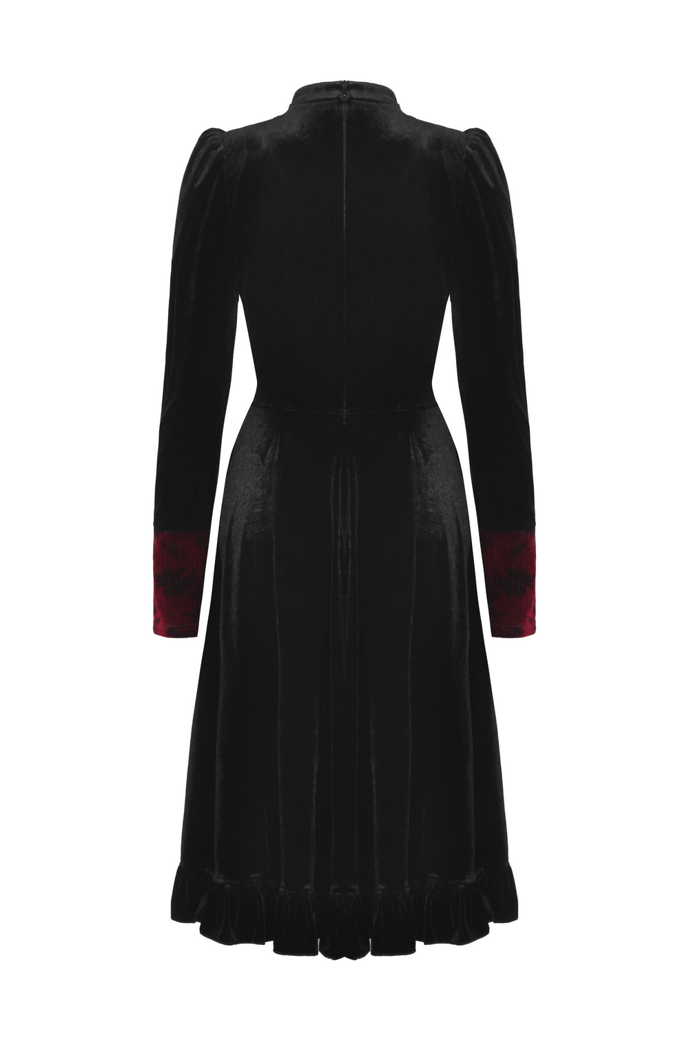 Elegant Black Velvet Dress with Red Lace Accents