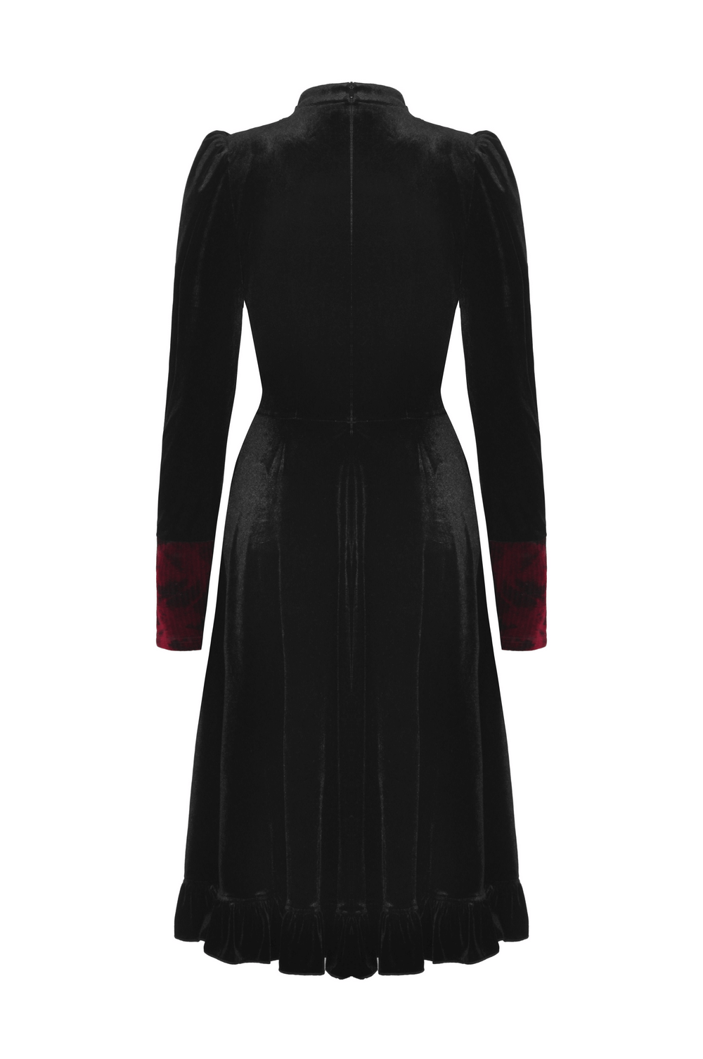 Back view of an elegant black velvet dress with red lace accents on the sleeves, perfect for gothic fashion lovers.