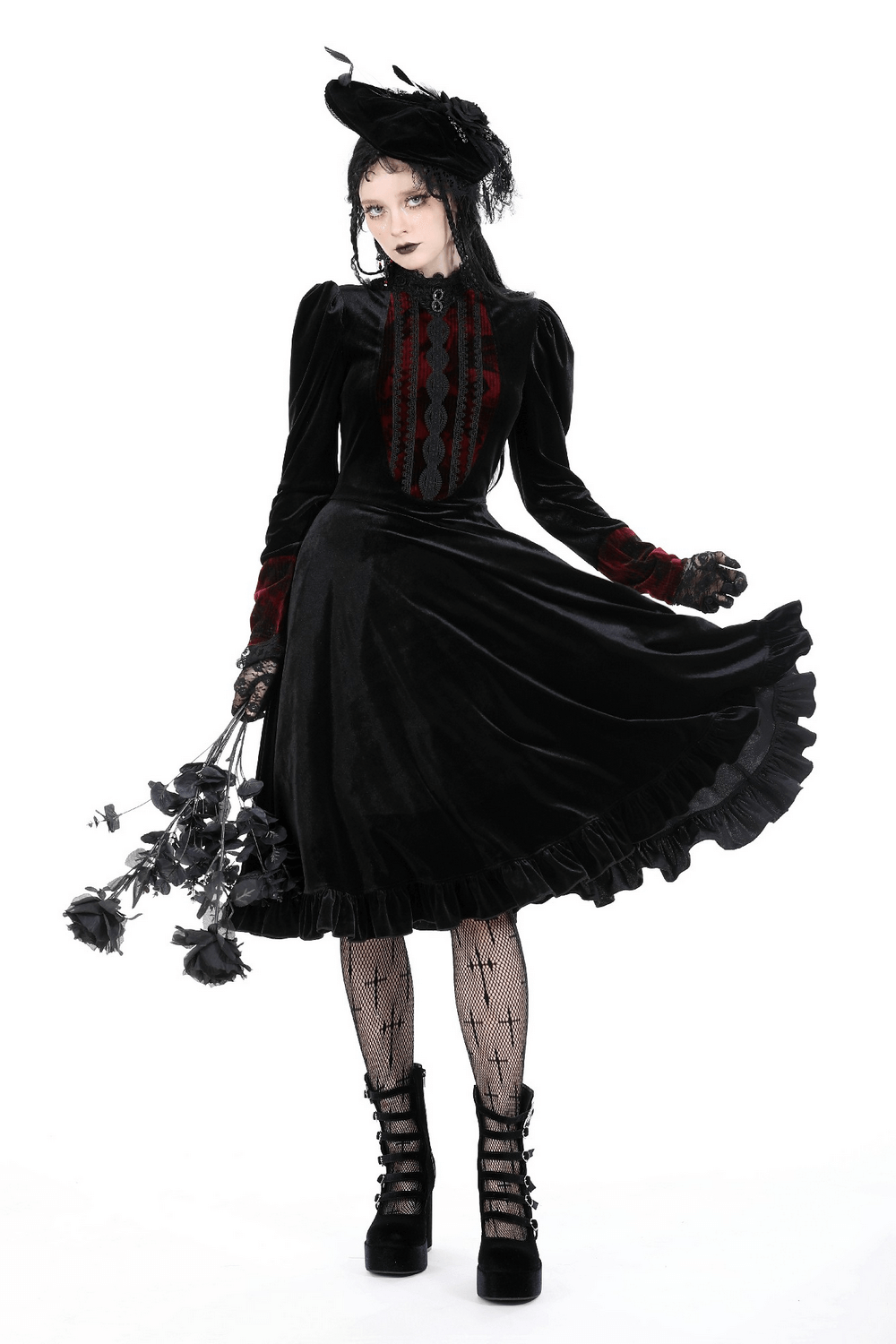 Gothic black velvet dress with red lace details, stand collar, and full skirt, perfect for special occasions.