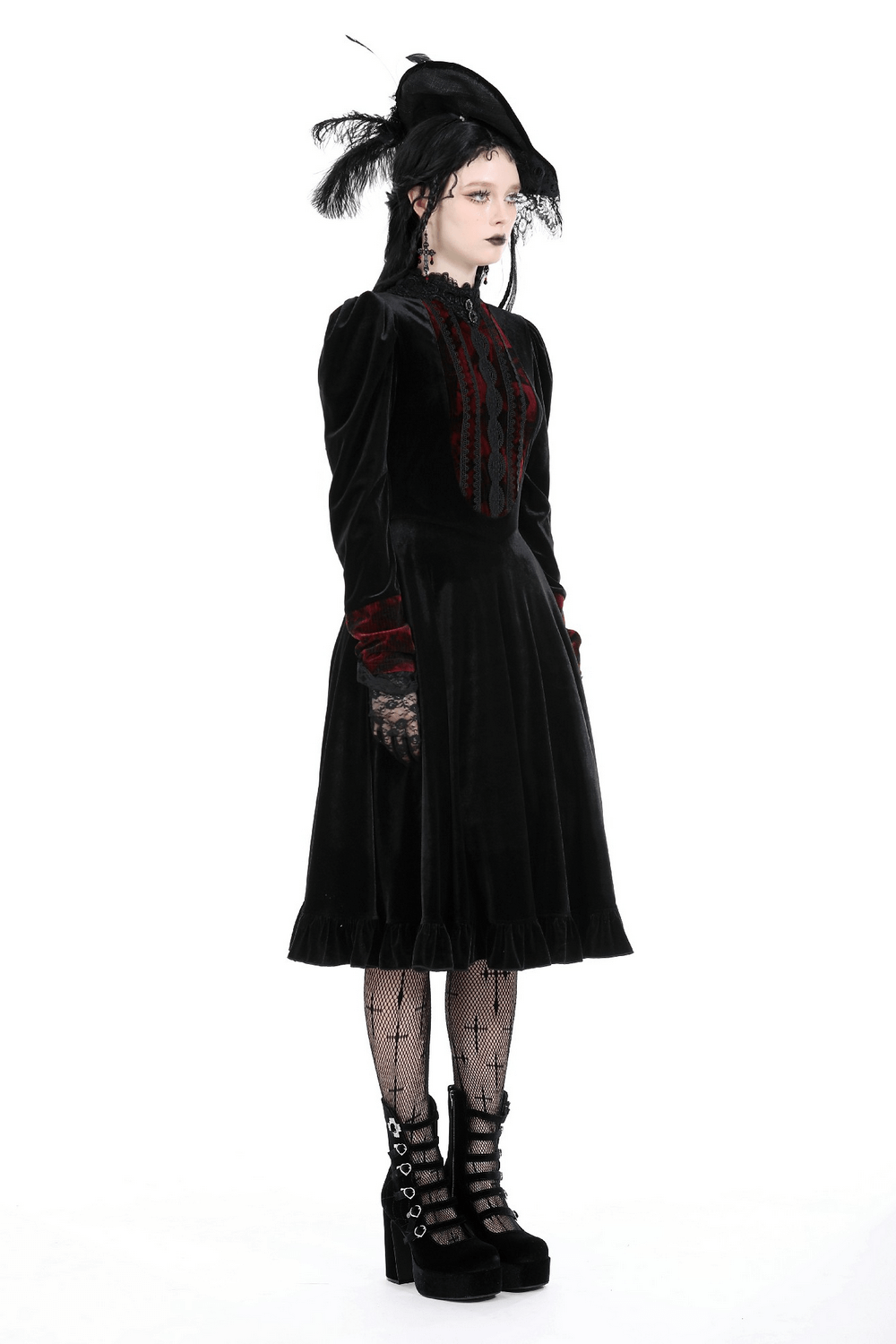 Elegant black velvet dress with red lace accents, perfect for gothic fashion and special occasions.