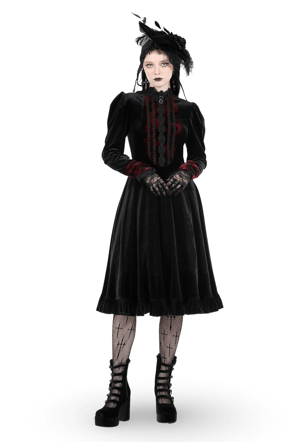 Elegant black velvet dress with red lace accents, perfect for gothic fashion and special occasions.