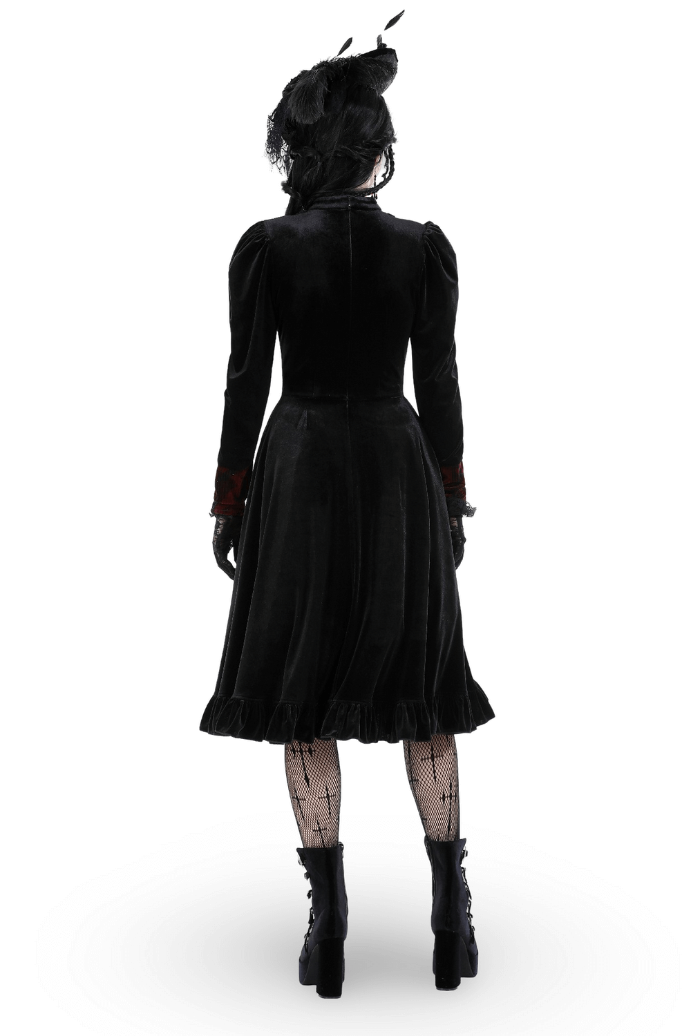 Back view of elegant black velvet Gothic dress with red lace accents and puff sleeves, perfect for special occasions.