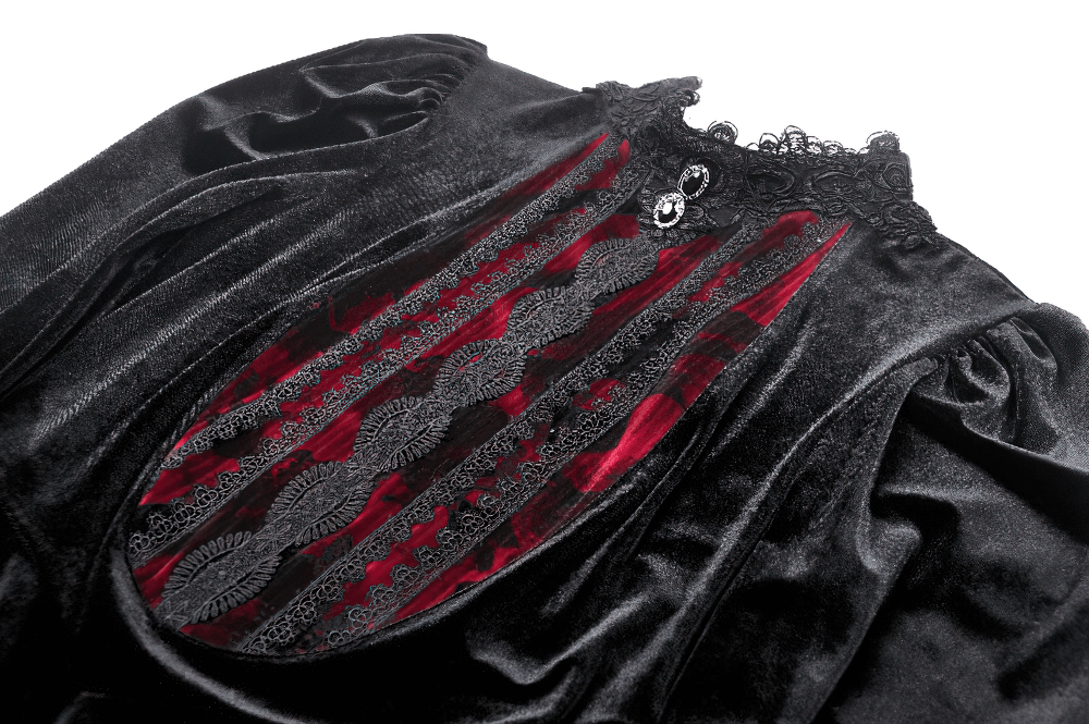 Elegant black velvet dress with red lace accents, featuring a stand collar and puff sleeves for a gothic look.