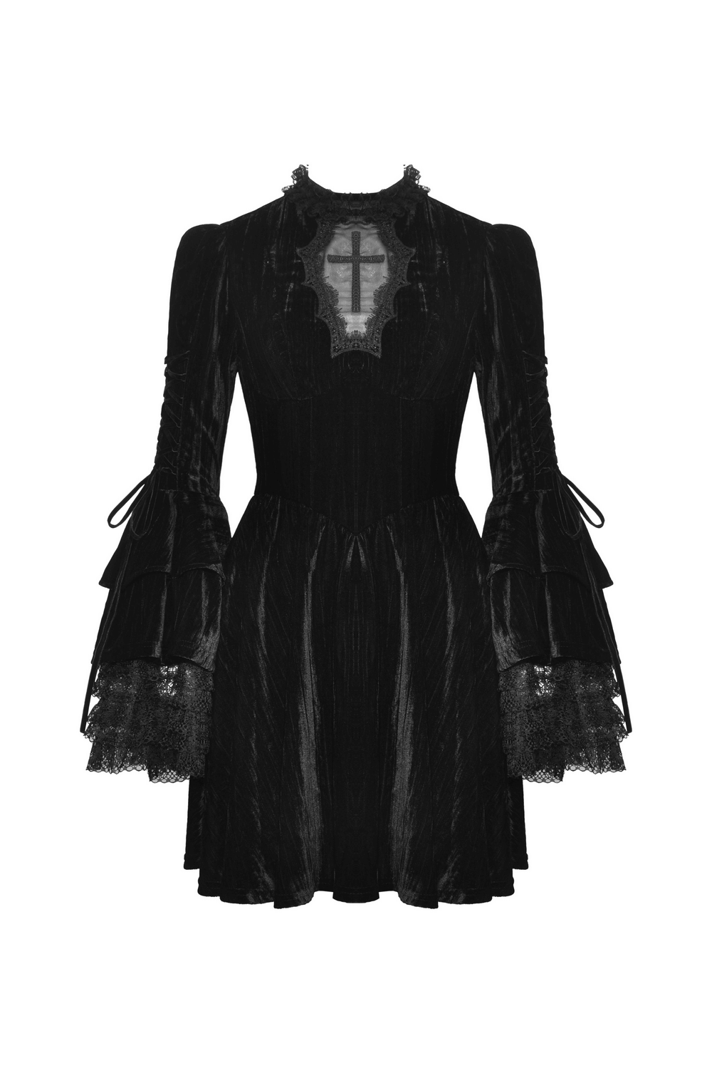 Elegant Black Velvet Gothic Dress with Lace Sleeves