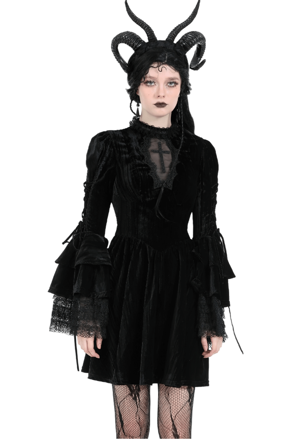 Elegant Black Velvet Gothic Dress with Lace Sleeves