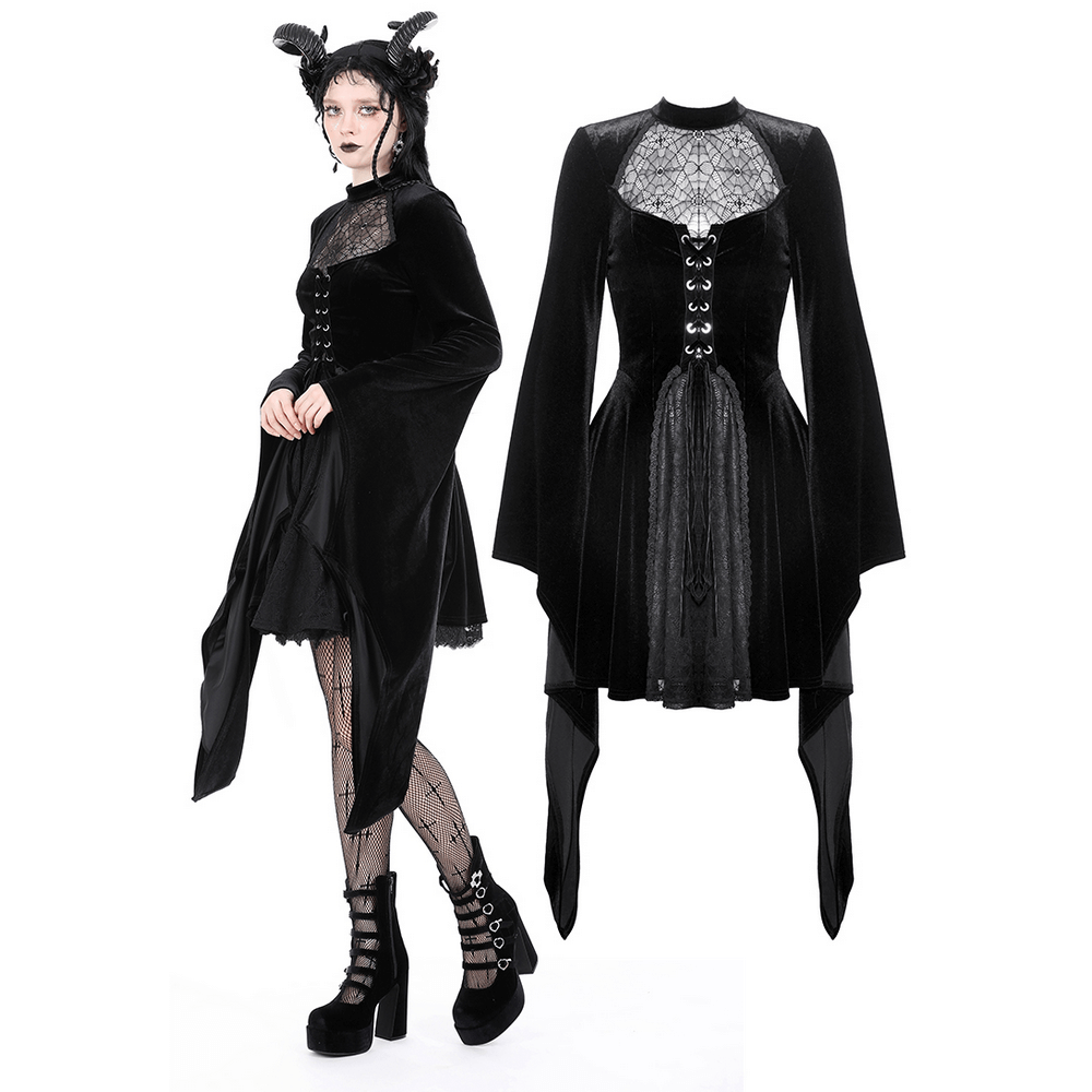 Elegant black velvet lace-up gothic dress with bell sleeves and lace detailing, perfect for dark fashion lovers.